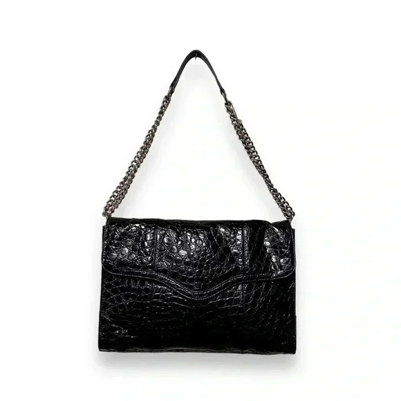 Rebecca Minkoff Black Leather Croc Embossed Silver Chain Crossbody Bag Purse - Picture 3 of 10